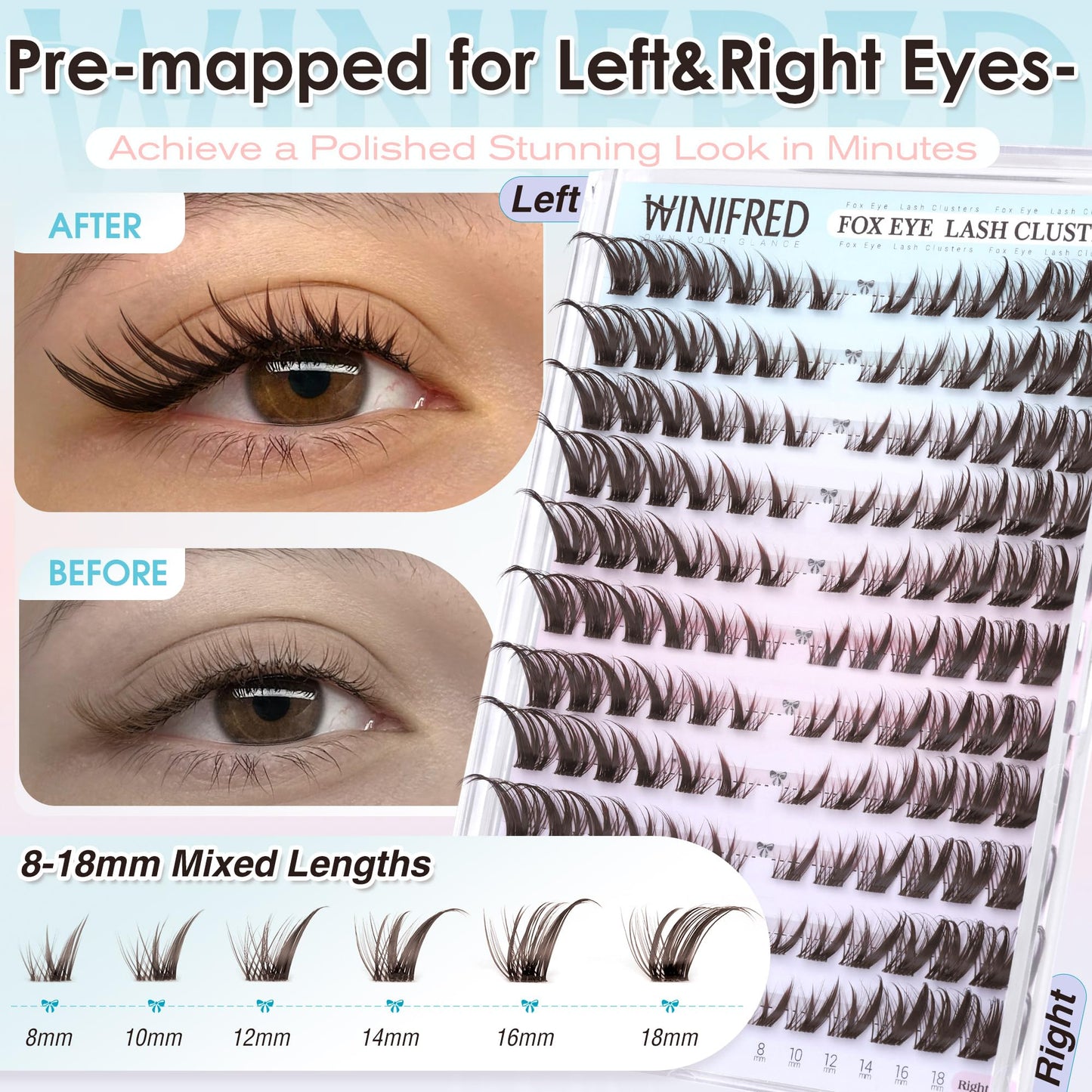 Winifred Brown Lash Clusters Pre-Mapped Cat Eye Lashes Manga Cluster Eyelash Extensions Fox Eye Lash Clusters Anime Lashes Fairy Eyelash Cluster Left&Right Individual Lashes