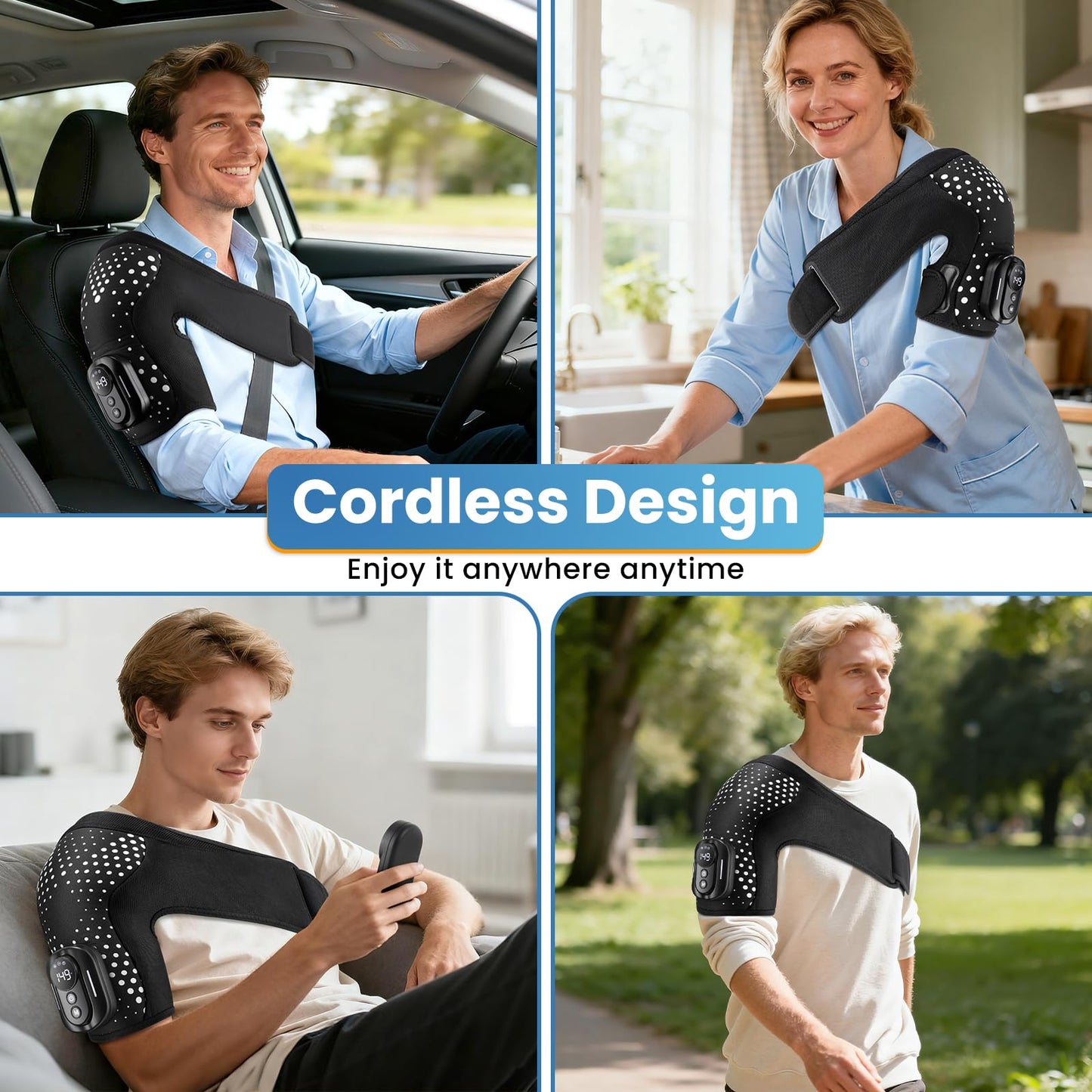 YUANBO Cordless Shoulder Heating Pad, Portable Shoulder Massager Heated Shoulder Wrap & Brace with Massage for Men Women, Remote Control (Black)