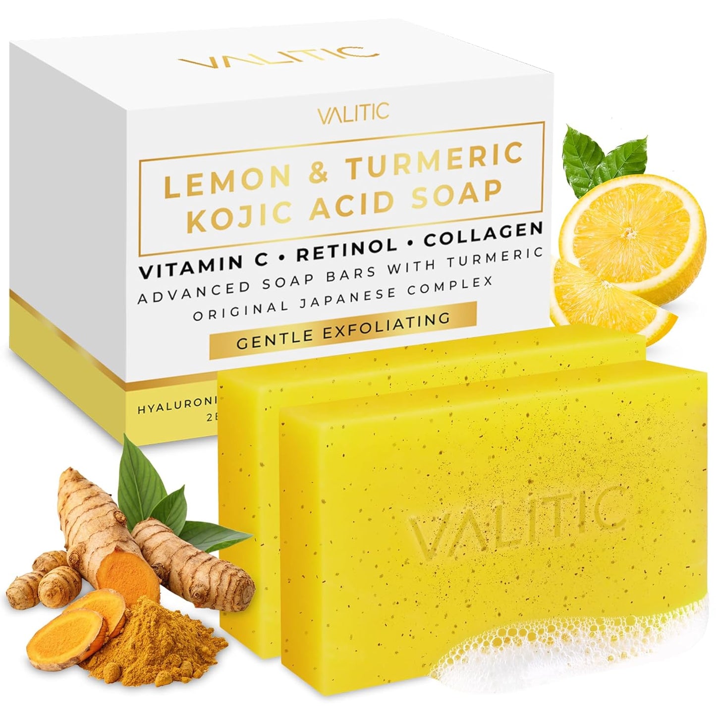 VALITIC Lemon Turmeric Soap - Brightening Kojic Acid Bar for Face & Body | Exfoliating Dark Spot Corrector with Retinol, Vitamin C, Collagen & Hyaluronic Acid - 2 Pack
