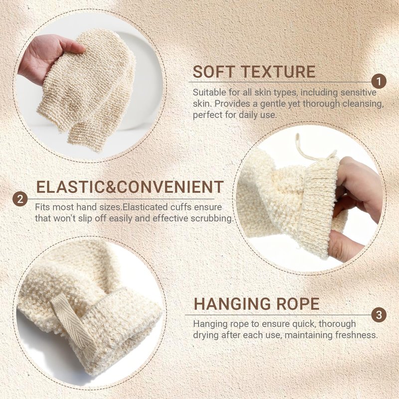 Natural Shower Gloves Exfoliating Gloves, Hemp Bath Mitts for Body Scrubber, Shower Washcloth for Dead Skin Removal and Cleansing, Natural Loofah Sponge for Men Women(2 Pack)