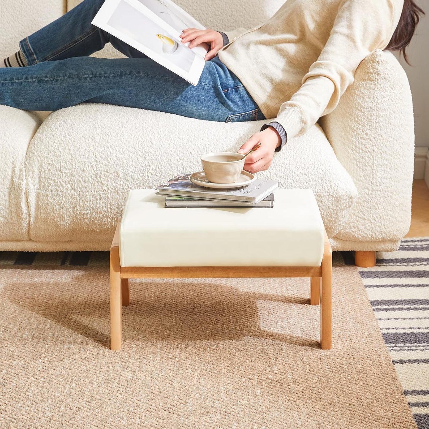 Small Foot Stool Ottoman - 10.2” Rectangle PU Faux Leather Foot Rest with Padded Seat & Wood Legs | Modern Accent for Living Room & Office, White
