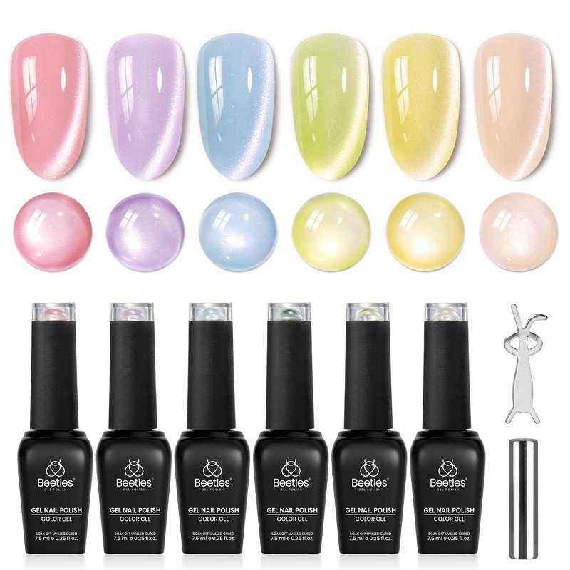 Beetles Cat Eye Gel Nail Polish Set - Sugar Meadow 6 Colors Summer Cat Eye Pastel Gel Polish Kit Glitter Pink Purple Green Blue Orange Peach Yellow Magnetic Soak Off UV Manicure Gift for Women