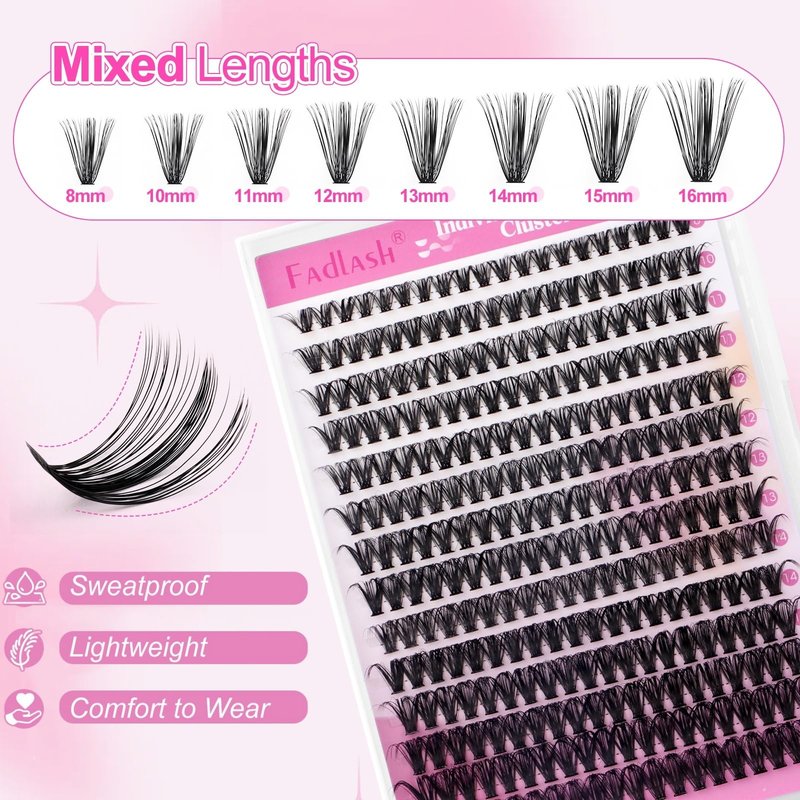 FADLASH Lash Clusters Kit 280PCS Natural Eyelash Clusters Individual D Curl Cluster Eyelash Extensions 8-16mm with Lash Bond and Seal Lash Tweezer for Beginners Soft Thin Band (40D-0.07D-8-16mm KIT)