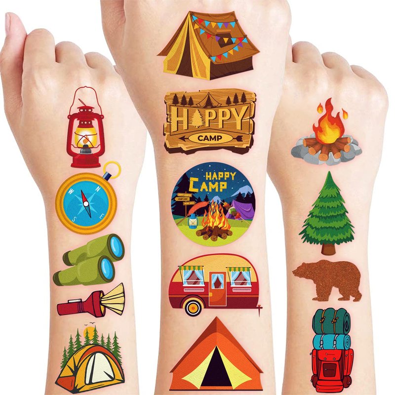 60 PCS Camp Camping Temporary Tattoos for Kids - Perfect for Classroom Rewards, Girls Scout Gifts, Birthday Party Supplies & Favors - Pre-Cut Super Cute Fake Tattoo Stickers (5 Sheets)