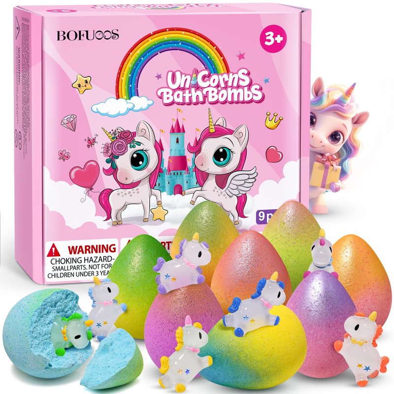 Bofuoos Unicorn Bath Bombs with Surprise Toys Inside, Birthday Gifts for Girls, 9 Packs Natural Organic Bubble Bath Bomb for Kids Girls Daughter Granddaughter (36+ Months)