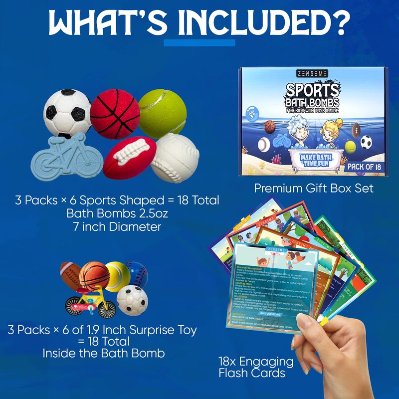 Bath Bombs for Boys with Toys Inside W/Flash Cards - Sports Bath Bombs for Kids - Gift Set of 18 Scented Organic Handmade - 2.5 oz with Natural Essential Oils - 18 Pack