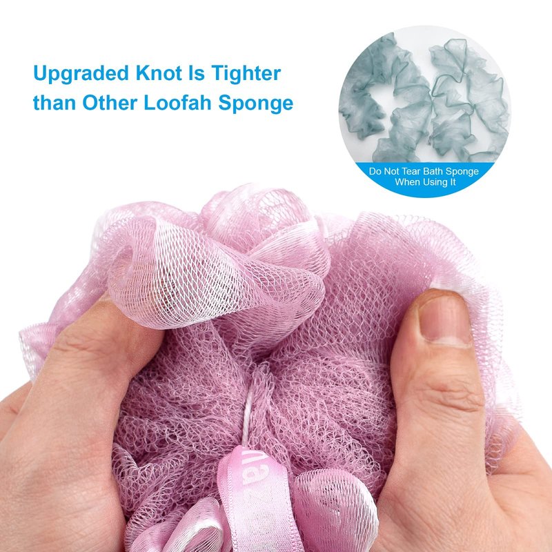 AmazerBath Shower Sponge Loofah Back Scrubber, PE Soft Mesh Loofah Body Scrubber with Long Wooden Handle, Bath Sponge for Men Women (Pink)