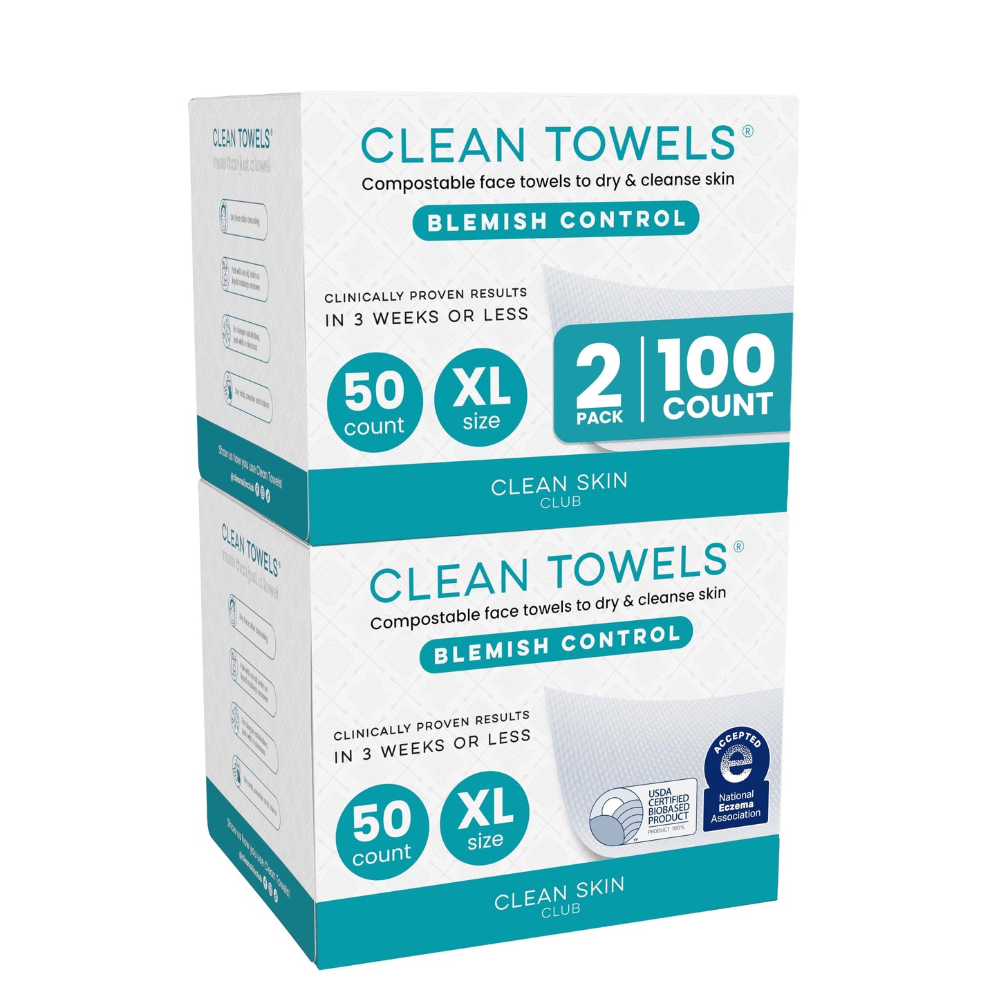 Clean Skin Club Blemish Control Clean Towels® XL, Compostable Face Towels, Eczema Association Accepted Disposable Face Towelette, Makeup Remover Dry Wipes, 2 Packs, 100 Ct Total