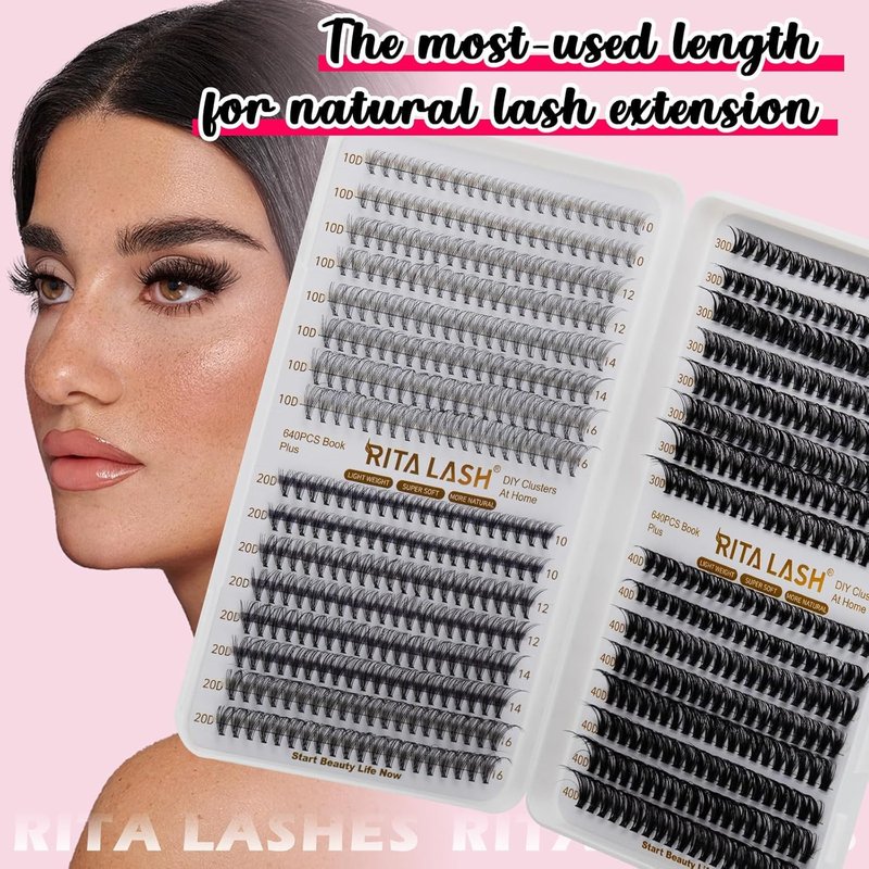 RITALASH Lash Extension Kit - 640pcs DIY Cluster Lashes with Bond & Seal | 10D-40D, 10-16mm Sizes