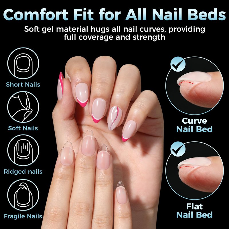 Luckyfairy Short Almond Gel Nail Tips 360Pcs, Pre Etched Nail Tips Almond Shape Full Cover Soft Gel Fake Nails for Nails Extension DIY Art Salon 12 Sizes