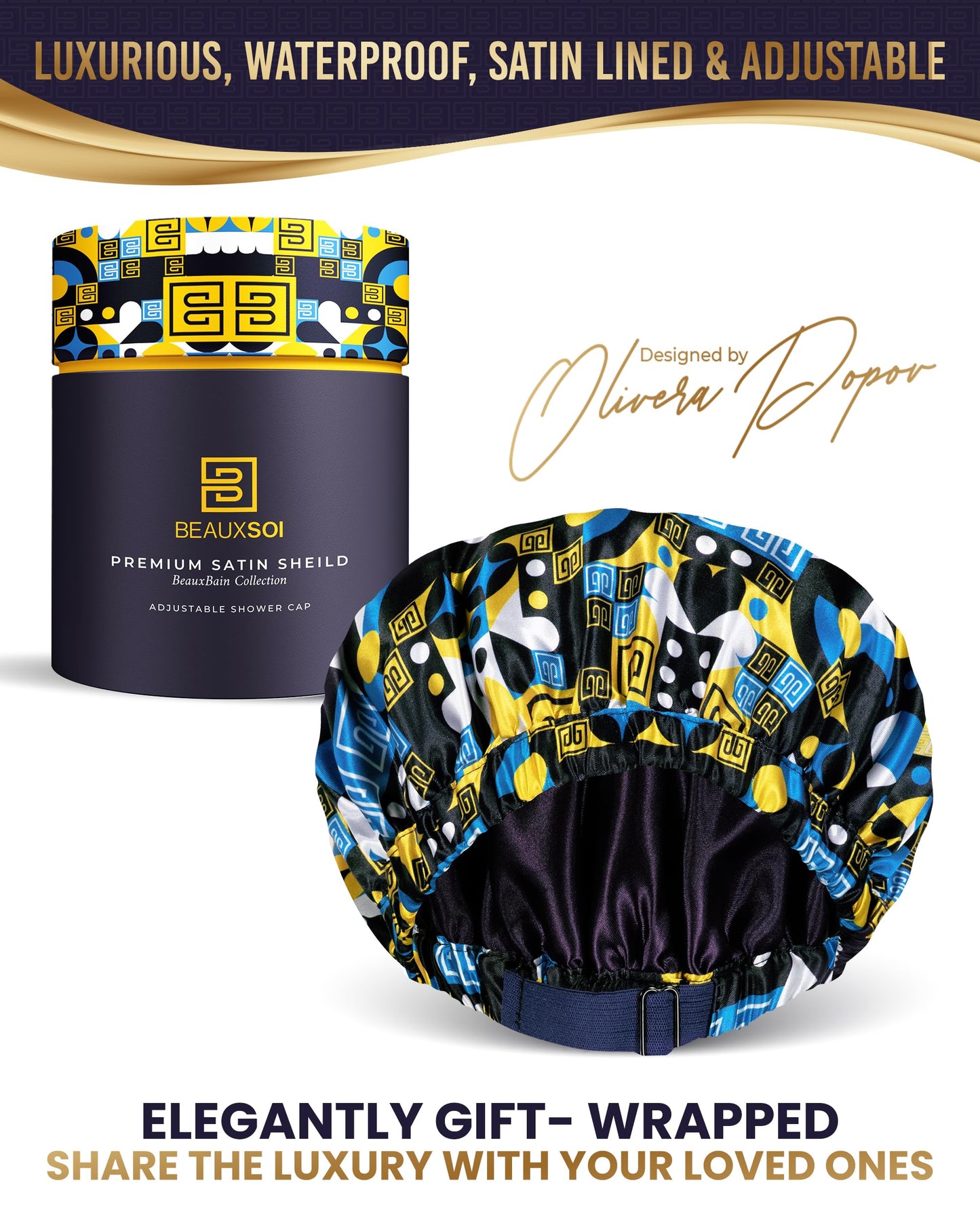 Luxury Reusable Waterproof Shower Cap for Women - Satin Lined, Adjustable - Keeps Hair Dry, Durable Hair Bonnet by BEAUXSOI (African Majesty)