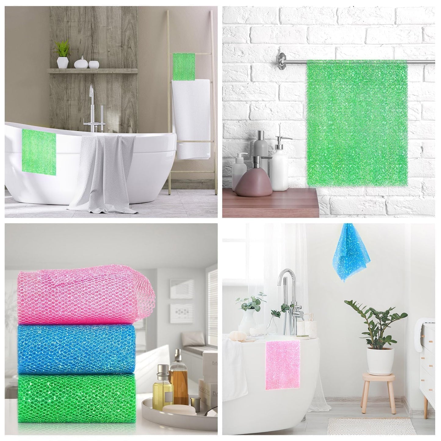 UJFQBH 3 Piece Bright Style African exfoliating net Exfoliating Shower Set Long Bath Sponges for Smooth, Refreshed Skin, The Exterior Gleams - Ideal for Daily Use (Bright Pink, Blue, Green)