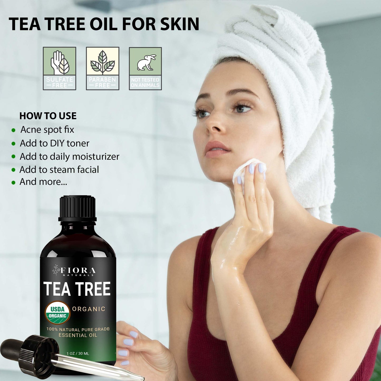 Tea Tree Oil – 100% Pure Organic Tea Tree Essential Oil for Skin, Face, Hair, Scalp, Nails, and Toenail – Therapeutic Grade Tree Tea Oil for Acne & Hair Growth – 1 fl oz - By Fiora Naturals