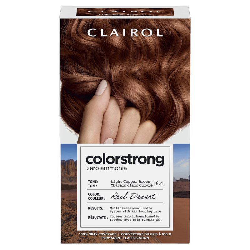 Clairol ColorStrong Permanent Hair Dye, Ammonia‑Free, PPD‑Free, 100% Gray Coverage with Bonding System, 6.4 Light Copper Brown - Red Desert Hair Color, Pack of 1