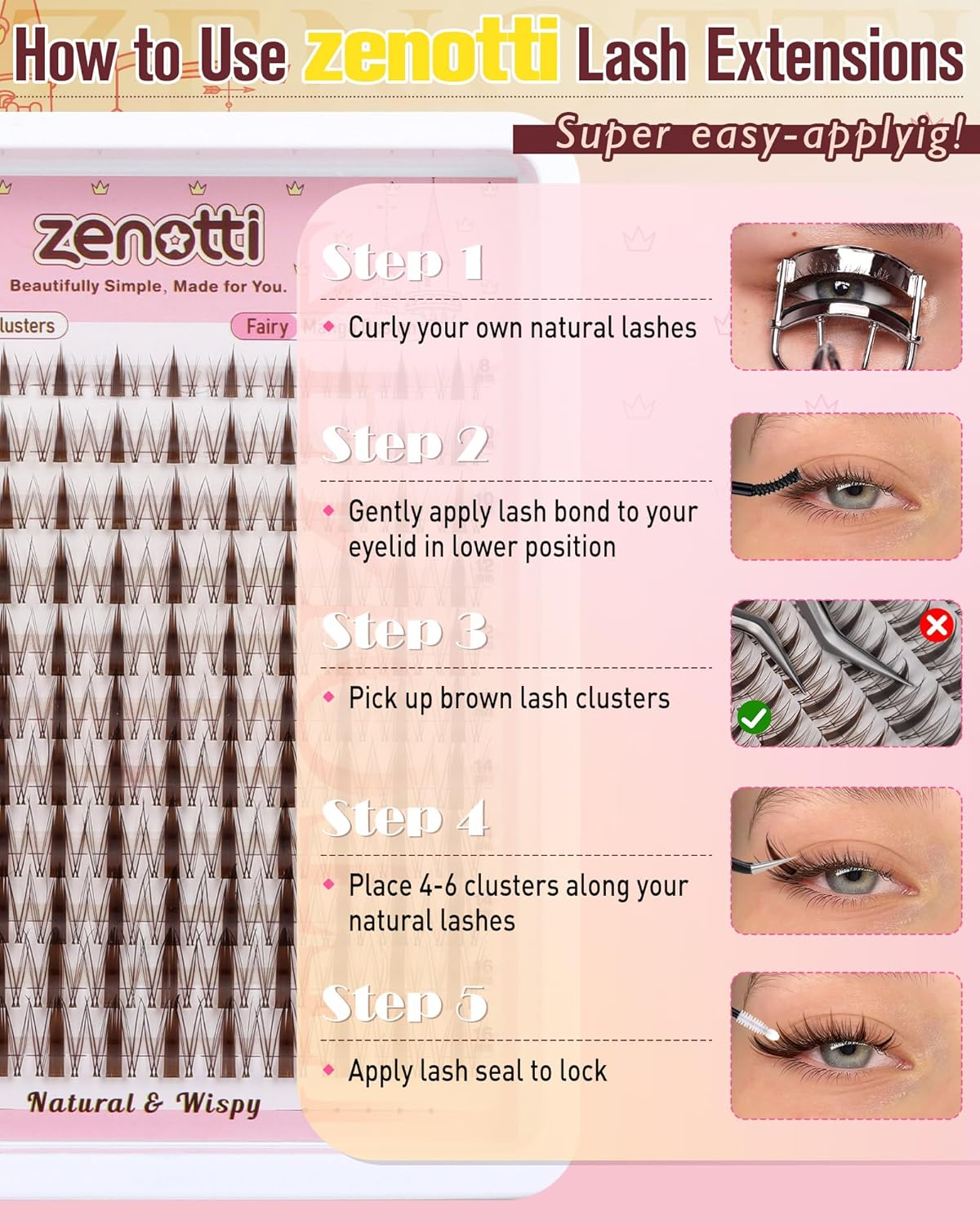Zenotti Brown Lash Clusters - Natural Fairy Eyelash Extensions | Wispy Spiky Individual Lashes 8-16MM