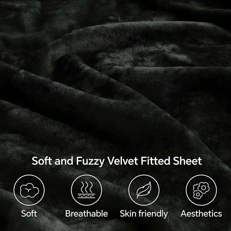 BEDELITE Velvet Fitted Sheet and Pillowcases Set, Luxury Soft Fuzzy Bottom Sheet with Reinforced Elastic Corner Straps, Deep Pocket up to 15 Inch, 1 Fitted Sheet and 2 Pillowcases (Queen, Black)