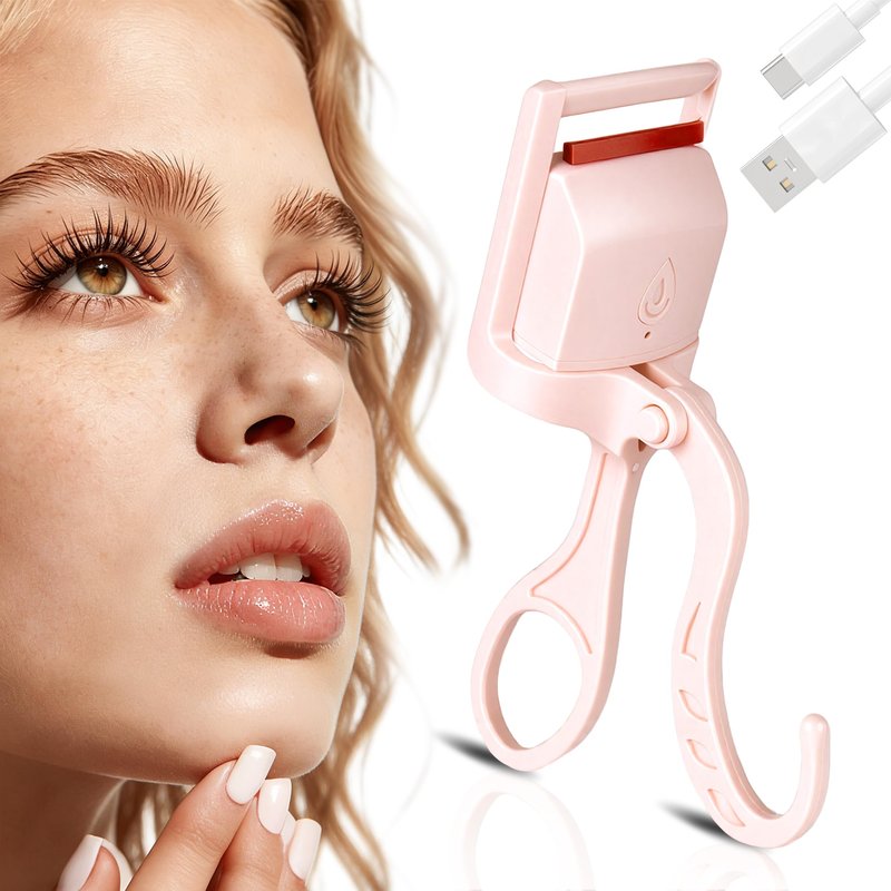 Heated Eyelash Curler for Women, C Curl Electric Lash Curler, Anti-Burn Silicone Pad, Fast Heat-Up, Rechargeable Portable Makeup Tool for Straight Lashes, Pink