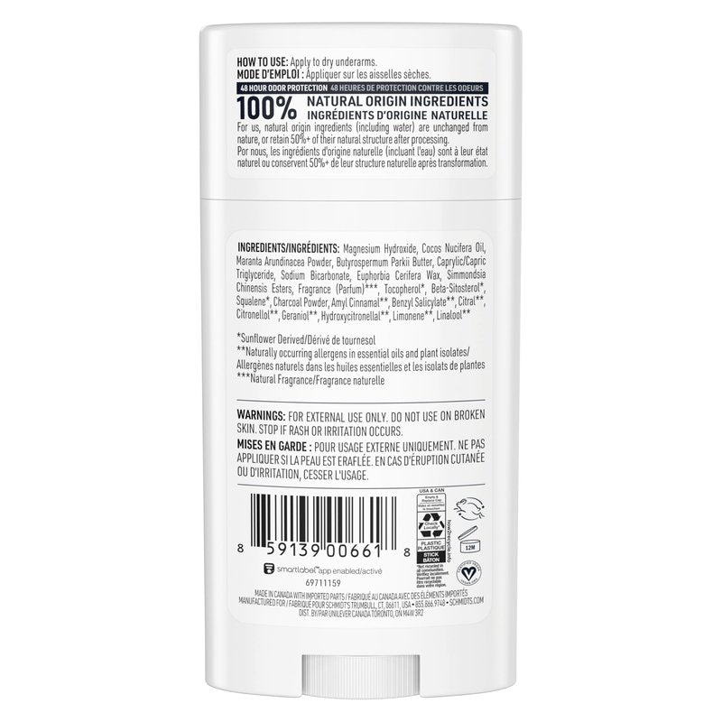 Schmidt's Aluminum-Free Vegan Deodorant Charcoal & Magnesium with 24 Hour Odor Protection, for Women and Men, Natural Ingredients, Cruelty-Free, 2.65 oz
