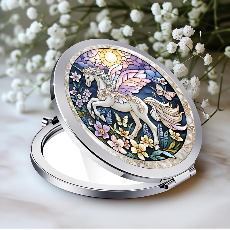 Silver Compact Mirror, 2.8x2.8inch Double-Sided Folding Makeup Mirror with Winged Unicorn Design, Ideal Gift for Women