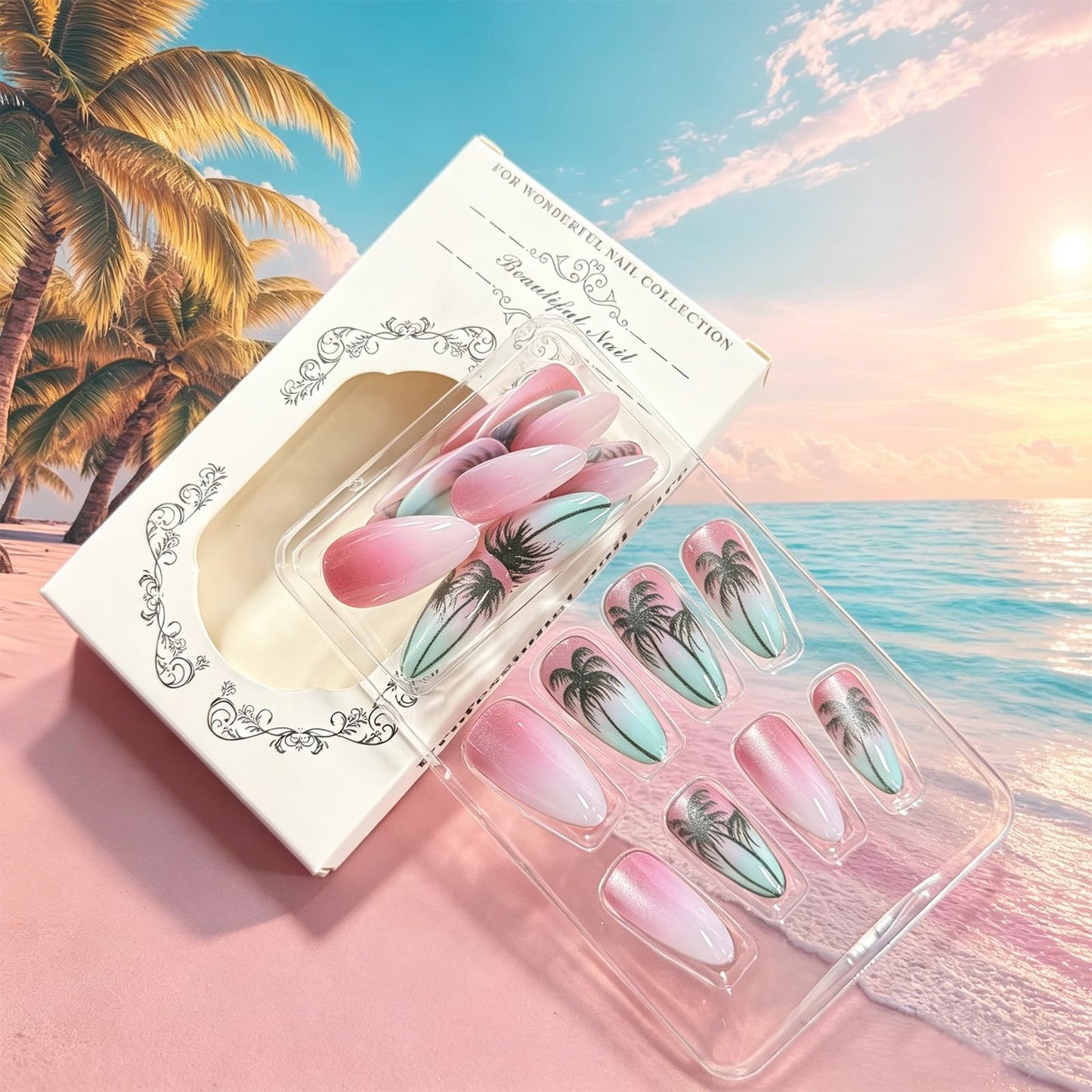 Summer Press on Nails Almond Medium Fake Nails with Pink Coconut Tree Designs Glossy Glitter Acrylic Nails Press ons, 24Pcs Reusable Stick on Nails for Women Beach Vacation Daily Wear