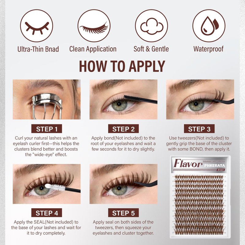 Flora Brown Lash Clusters Kit Wispy Brown Cluster Eyelash Extensions Kit, Natural C Curl Lash Extension Kit 8-18mm Individual Lashes DIY with Bond and Seal & Tweezers, 132Pcs