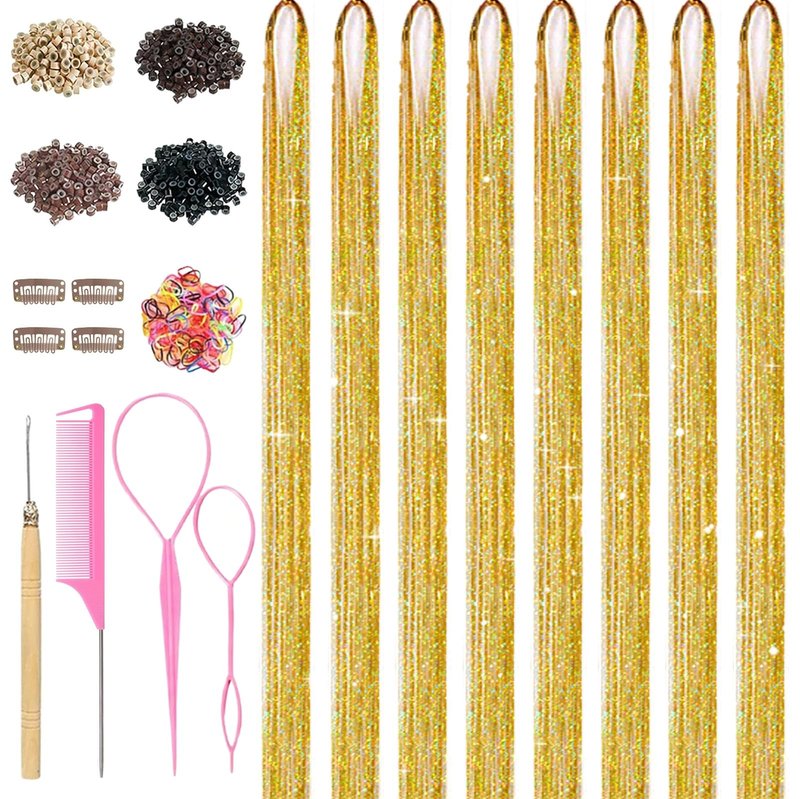 Gold Hair Tinsel, 8 Pcs Fairy Hair Tinsel Kit for Girls Women 48 Inch 3200 Strands with Tools Hair Accessories Glitter Tinsel Hair Extensions for Party Festival Christmas (Gold)