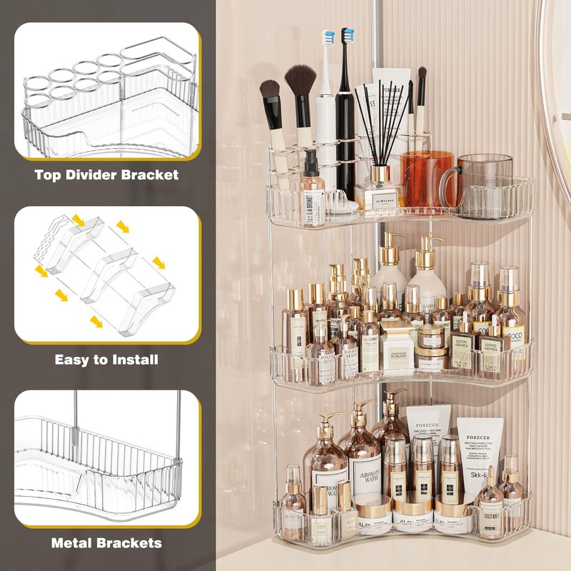 Asayuee 3-Tier Corner Bathroom Counter Organizer with Top Toothbrush Holders,Large Makeup Organizer Countertop with Brush Holder,Skincare Organizers Corner,Exquisite Vanity Organizer (Clear, 3 Tier)