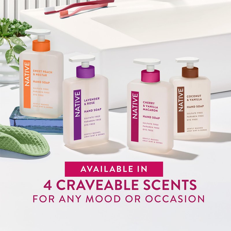 Native Liquid Hand Soap, Cherry & Vanilla Macaron Scent, Non-Drying Formula for Soft, Smooth Hands, Made with Plant-Based Cleansers, Sulfate & Paraben Free, 13 oz Bottle