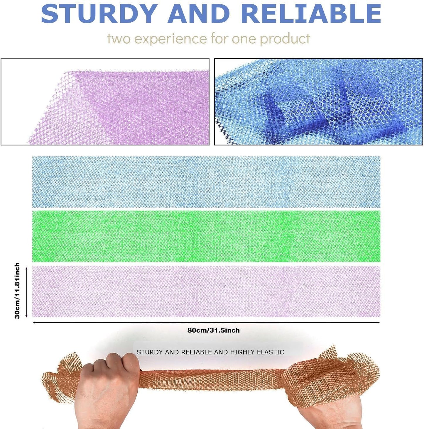 UJFQBH 3 Pieces African Bath Sponge African Net Long Net Bath Sponge Exfoliating Shower Body Scrubber Back Scrubber Skin Smoother,Great for Daily Use (Pale Purple, Blue, Green)
