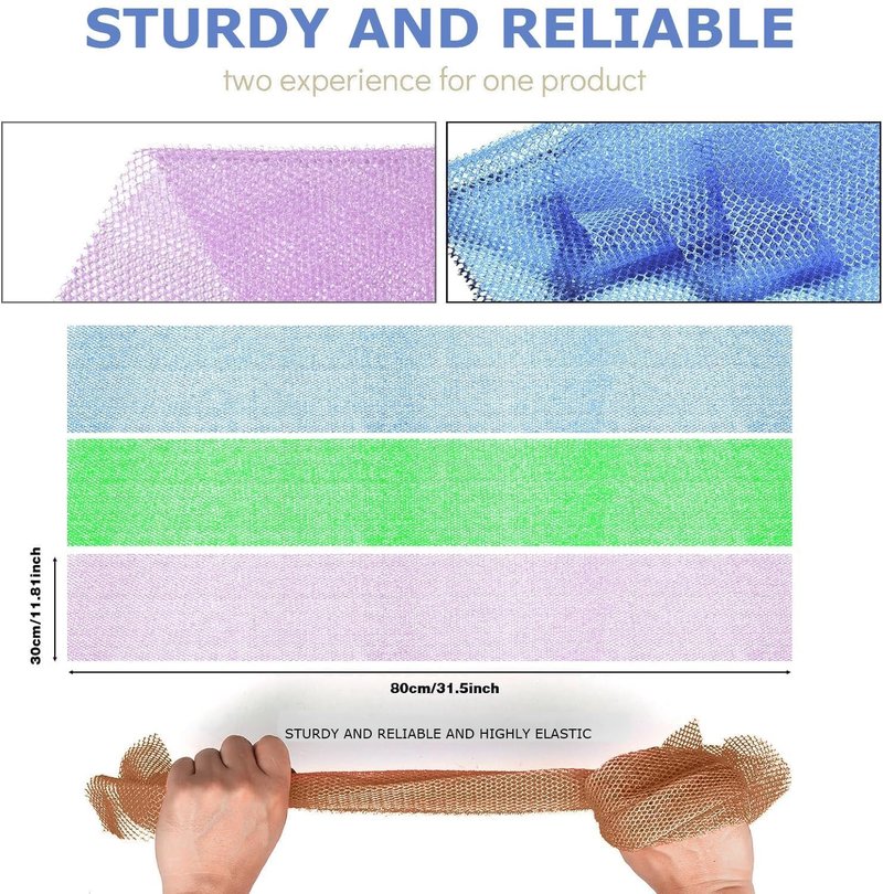 UJFQBH 3 Pieces African Bath Sponge African Net Long Net Bath Sponge Exfoliating Shower Body Scrubber Back Scrubber Skin Smoother,Great for Daily Use (Pale Purple, Blue, Green)