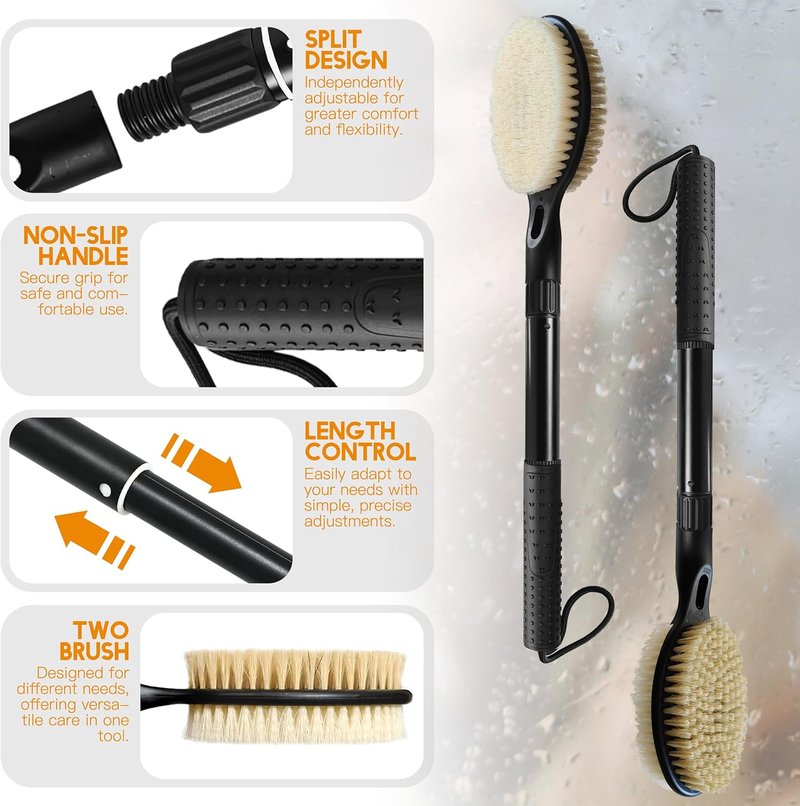Back Scrubber - Dual-Sided Bath Brush with Long Handle | Soft & Stiff Bristles for Body Exfoliation