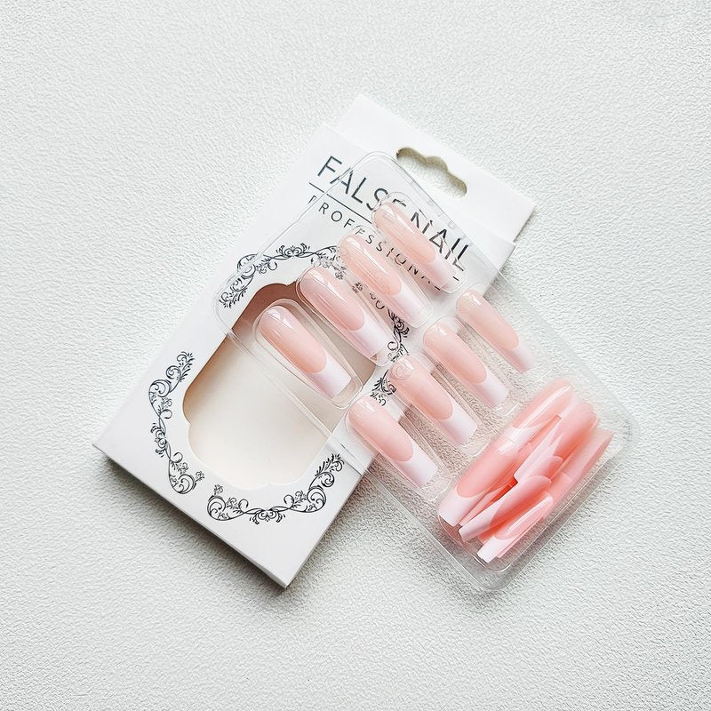 Long Press French Nails - Pinkish-White Acrylic Tip - Full Cover Glossy False Nails with Minimalist Design - 24 Pcs