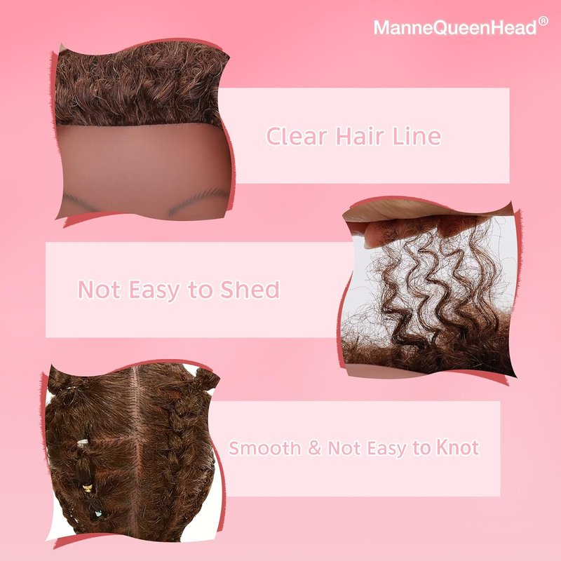 Afro Curly Mannequin Head - 100% Human Hair 10'' Cosmetology Doll for Braiding & Hairstyling | Brown