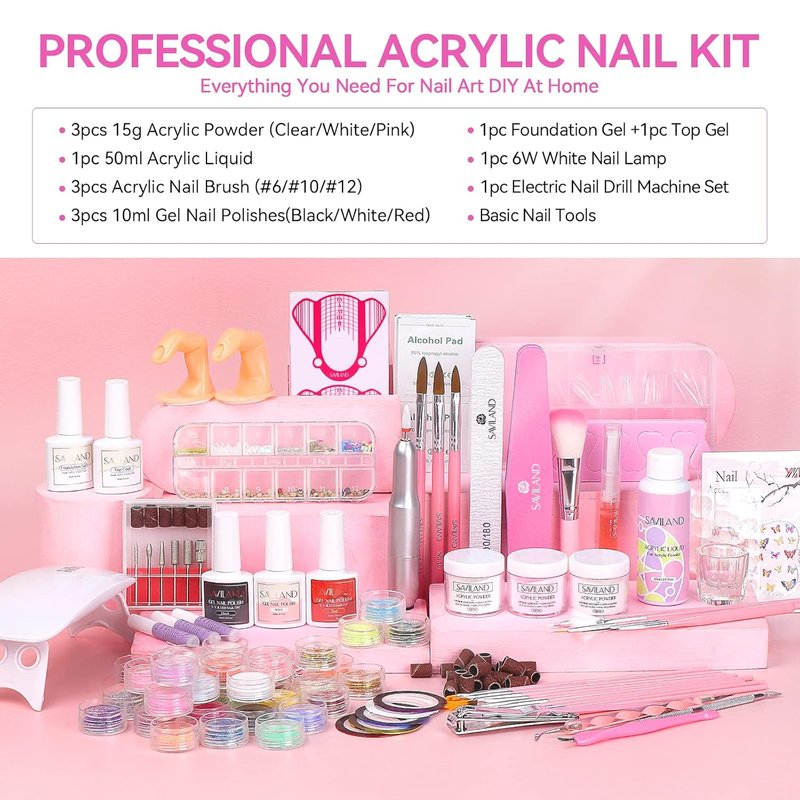 SAVILAND Acrylic Nail Kit - Professional UV Light & Drill with Clear, Pink, Red, and Black Gel Polish