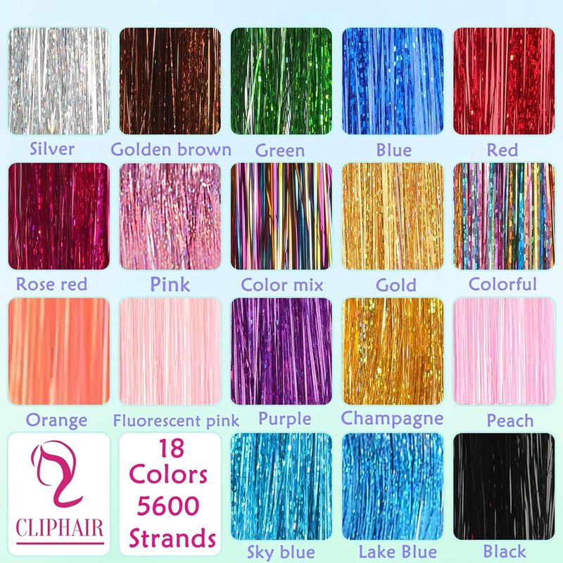 Skiennix Hair Tinsel Kit - 18 Colors of Holographic Hair Extensions | Heat Resistant Glitter for Festivals