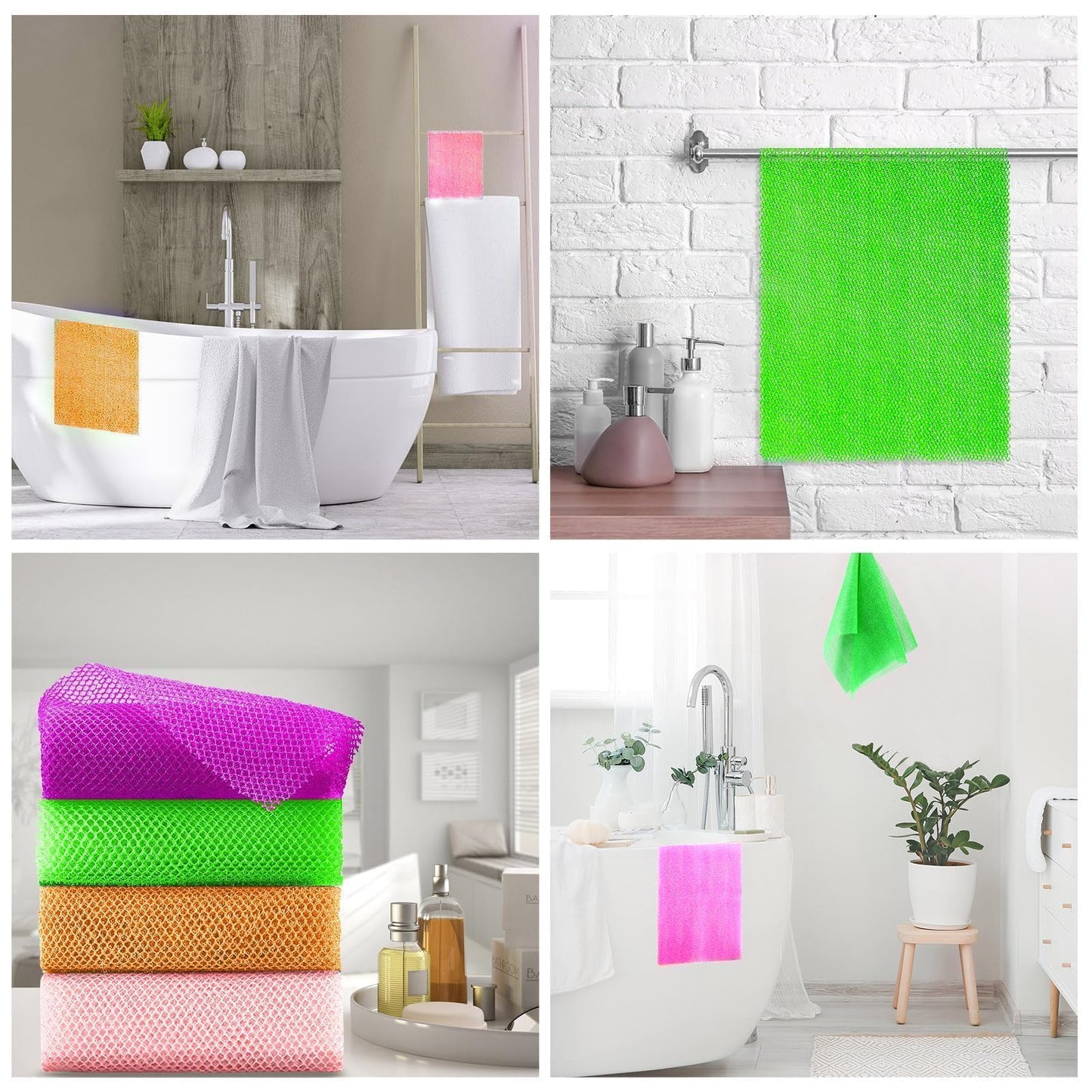UJFQBH 4 Pieces African Net Sponge African Net Long Net Bath Sponge Exfoliating Shower Body Scrubber Back Scrubber Skin Smoother,Great for Daily Use (Purple, Orange, Green, Pink)
