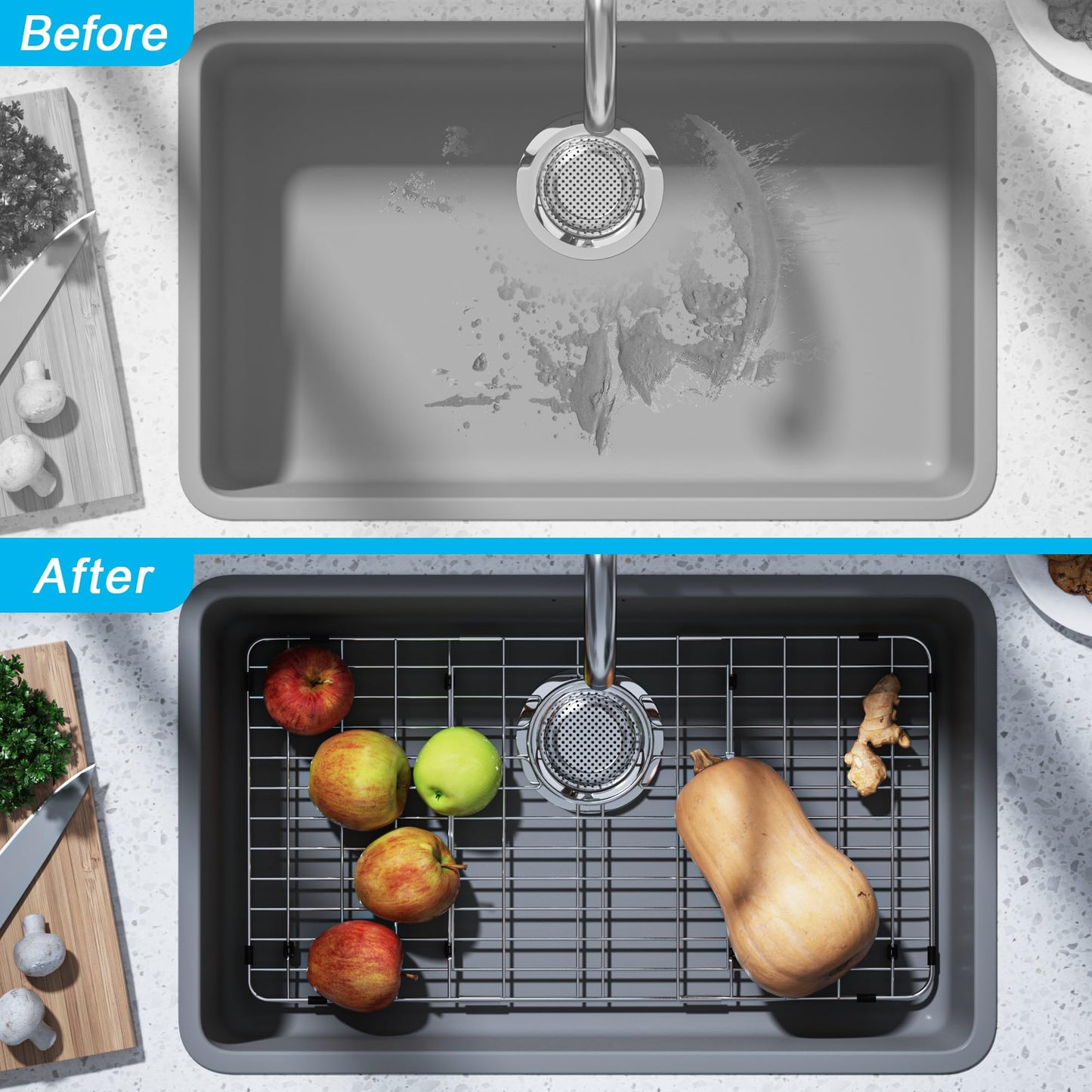 iPEGTOP Sink Rack for Bottom of Sink, Stainless Steel Sink Protector 28-3/4" x 15-3/4" with Rear Drain, Sink Grid Grate with Hole Cover for Kitchen Sink Single Bowl, One-Piece