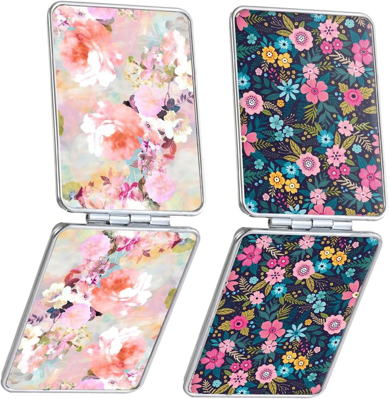 Pocket Mirror, Small Travel Mirror with Magnification, Portable Double-Sided Magnifying Cosmetic Mirror for Daily (2 Flowers)