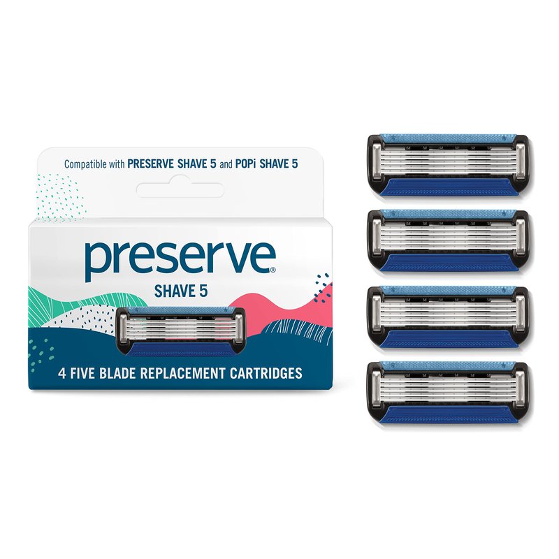Preserve Shave 5 Razor Blades Refills - 5 Blade Razors for Men & Women - Ceramic Coated Shavers for Comfort with Aloe-Cocoa Butter Strip - Reusable Shaving Refill - 4 Pack