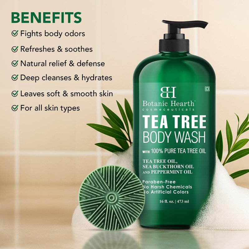 Botanic Hearth Tea Tree Body Wash with Silicone Dual-Sided Design Body Brush & Scrubber | Infused with 100% Pure Tea Tree Oil, Coconut, Jojoba |Foot & Body Cleanser | Paraben Free |16 fl oz