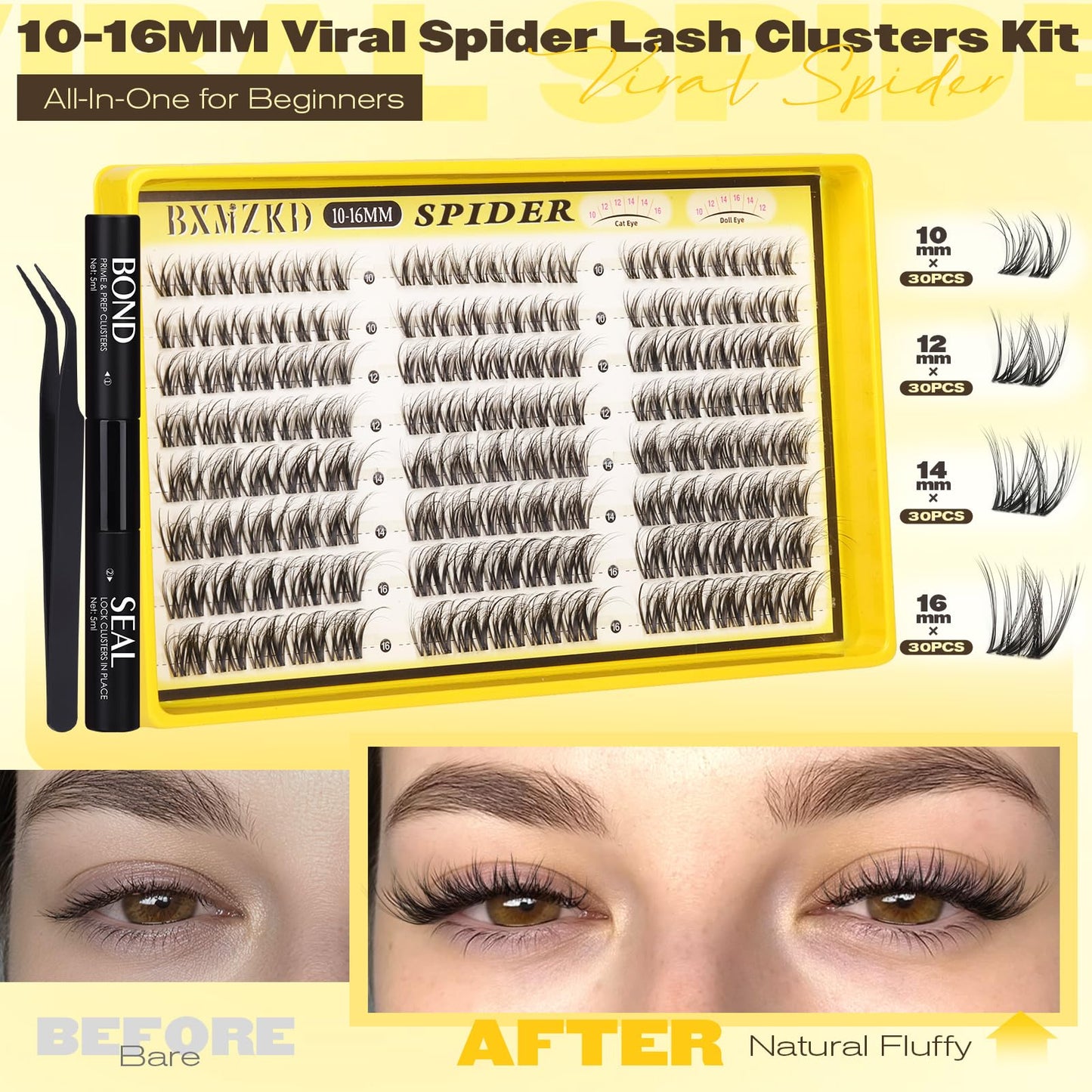 Spider Lash Clusters Kit Natural Fluffy Eyelash Clusters Kit Spider Breeze Cluster Eyelash Extensions 10-16MM D Curly Wispy Individual Lashes with Invisible Band for DIY Lash Beginners
