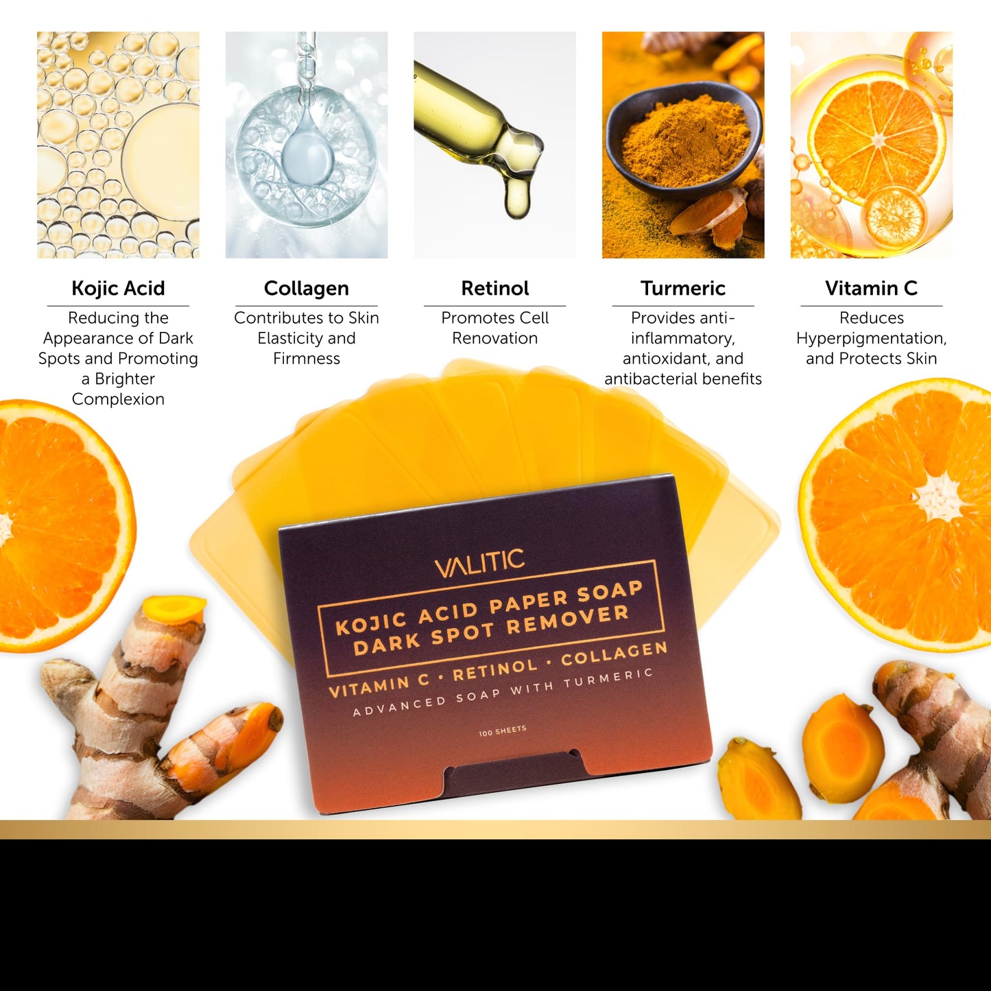 VALITIC Turmeric Kojic Acid Cleansing Soap Melting Sheets - Dark Spot Corrector Paper Soap - 100 Travel Size Facial Exfoliating Sheets With Vitamin C, Retinol, Collagen - 2 Pack