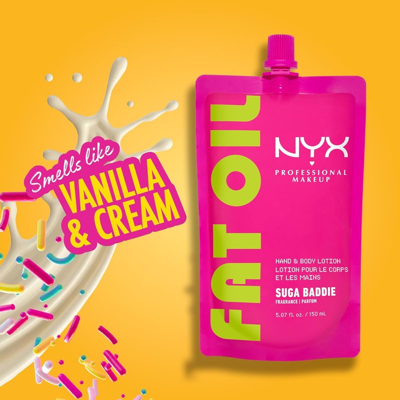 NYX PROFESSIONAL MAKEUP Fat Oil Hand & Body Lotion in Suga Baddie, Vanilla Lotion with 24HR Hydration, Lightweight, Body Moisturizer With Avocado Oil, Vegan & Cruelty-Free