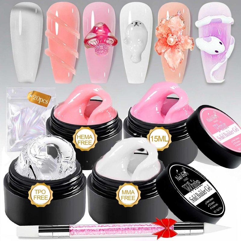 NAILGIL 3D Gel for Nail Art Hema Free, 4 Colors Solid Builder Sculpting Gel Non-Sticky Hand for Extension Building Carving Modeling with Nail Art Pen Nail Forms, Sock Off Home DIY Manicure-60g/2.1oz