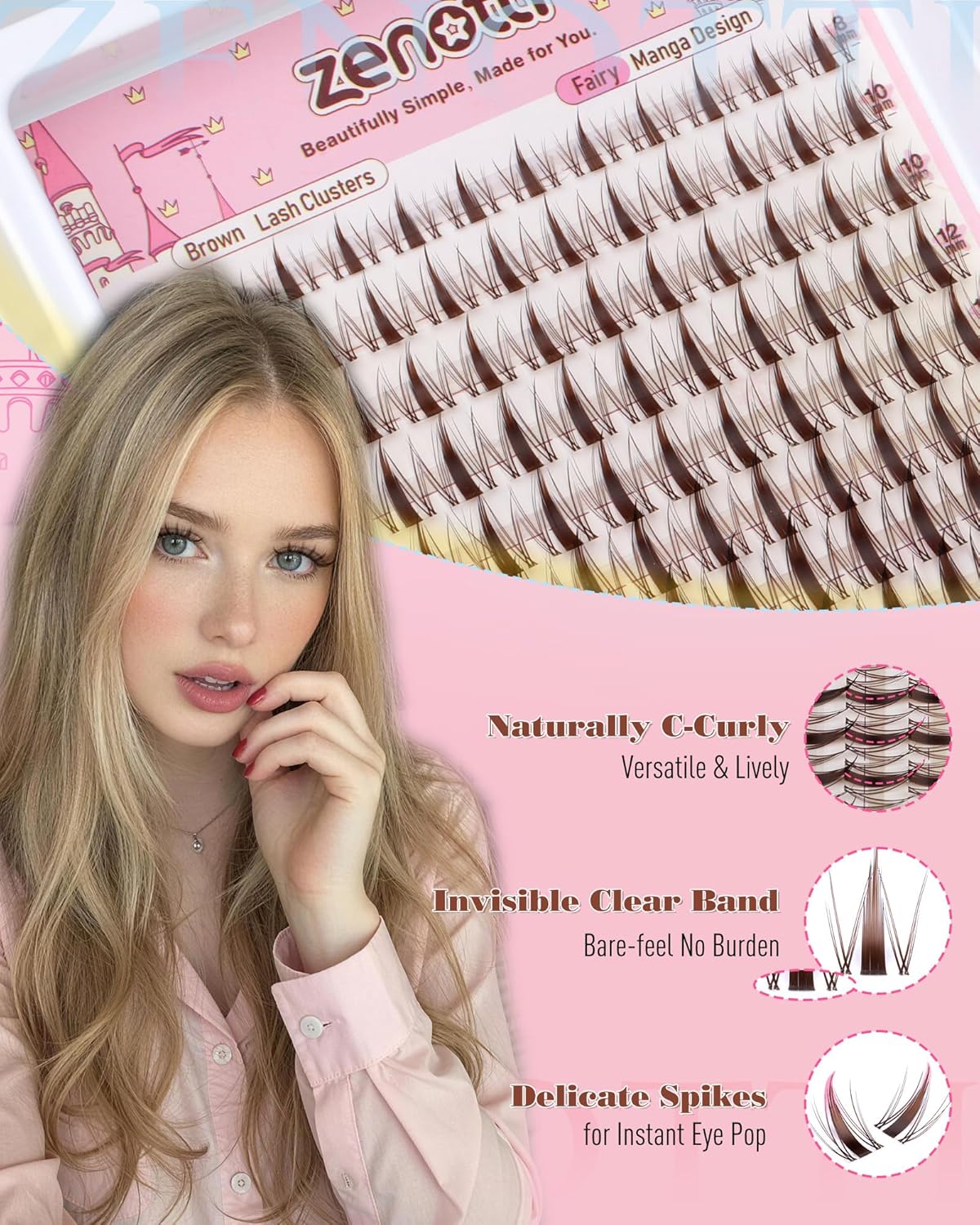 Zenotti Brown Lash Clusters - Natural Fairy Eyelash Extensions | Wispy Spiky Individual Lashes 8-16MM