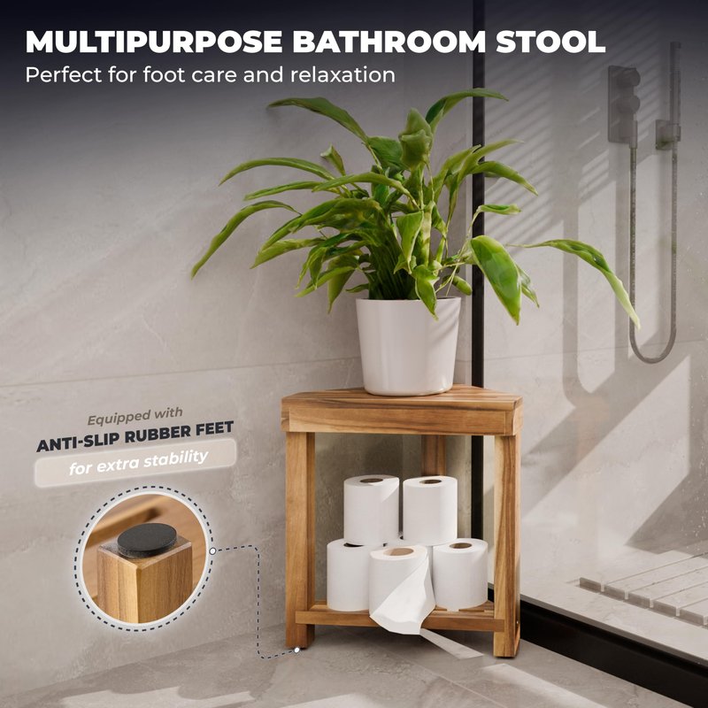 BLUEWEST 16.4" Corner Shower Stool with Storage Shelf, Acacia Wood Shower Foot Rest for Shaving Legs, Small Water-Resistant Bathroom Bench for Inside Shower, Wooden Bath Seat for Small Shower Spaces