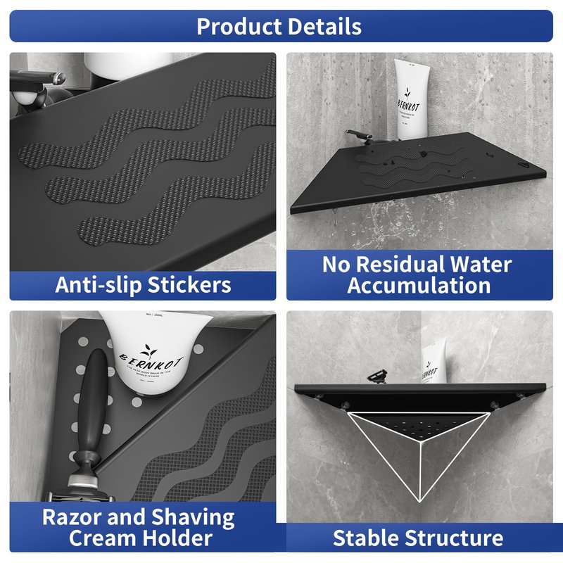 Bernkot 10'' Corner Foot Rest for Shaving Legs, Wall Mounted Foot Ledge for Bathroom Inside Shower, 304 Stainless Steel Footrest with Shaving Holder (Black)