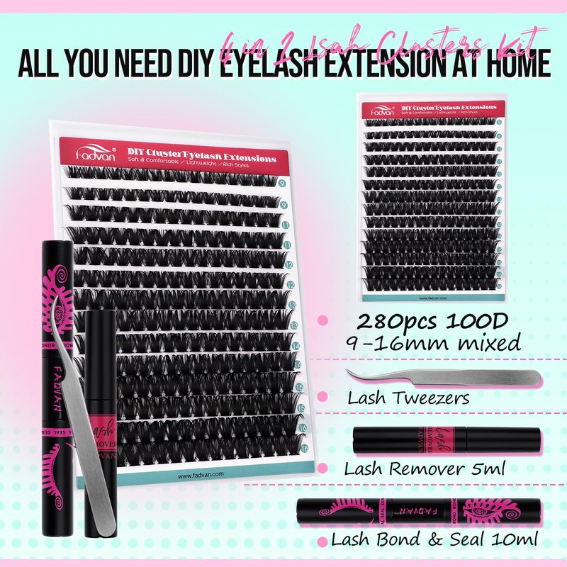 FADVAN Lash Extension Kit Thick Cluster Eyelash Extensions 9-16mm Volume Lash Clusters 100D Individual Eyelashes Kit with Lash Bond And Seal,Remover Tweezers For Beginner (100D, 0.07D, 9-16mm, Kit)