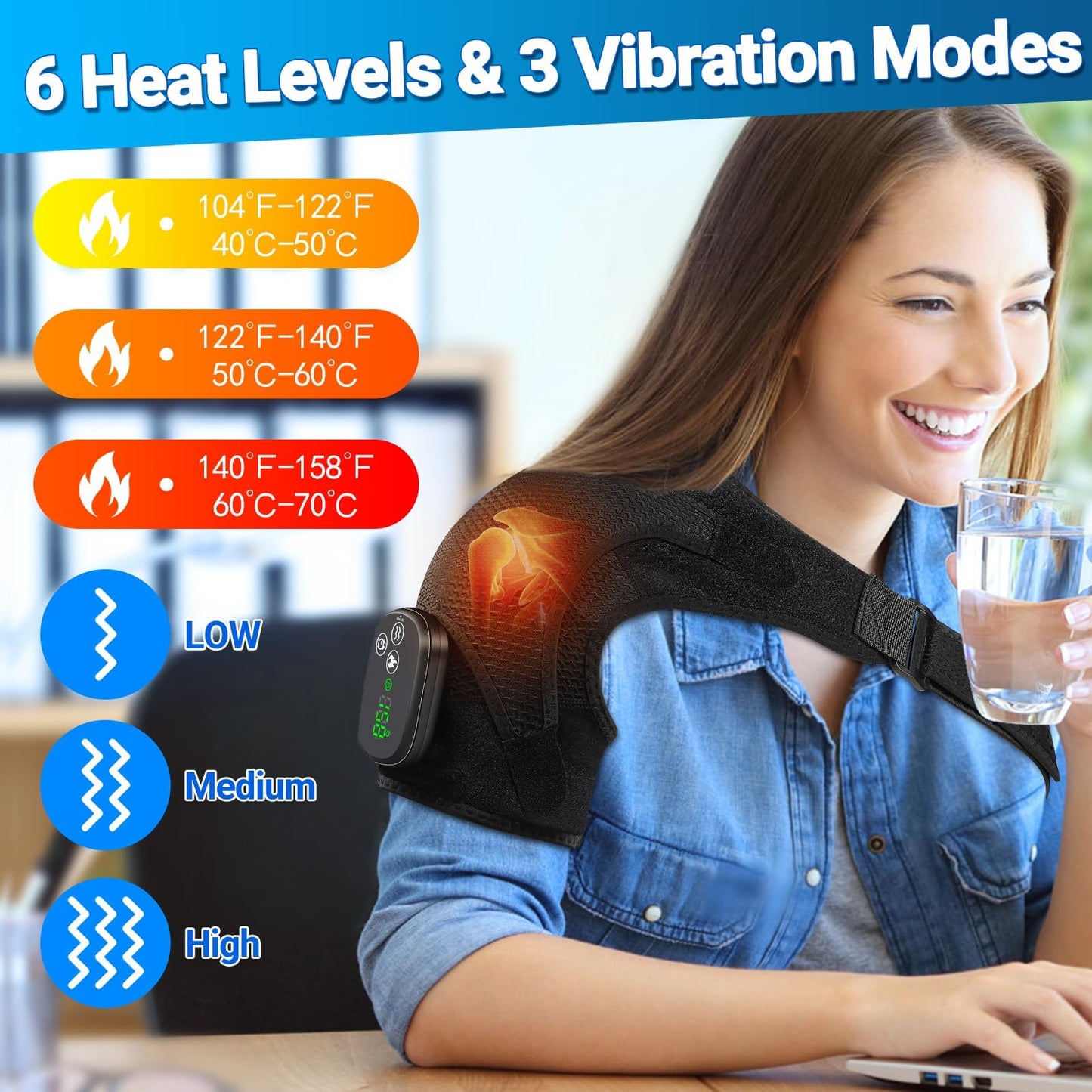 YUANBO Cordless Shoulder Heating Pad with Massager, Portable Shoulder Massager Wrap with 6 Timer & 3 Vibration with 6 Heat & Timer Modes Warmer for Men Women