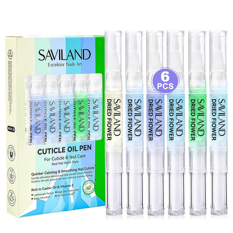 SAVILAND Cuticle Oil Pen - 6Pcs Plant-Based Nail Strengthener with Aloe & Vitamin E for Moisturizing & Repairing
